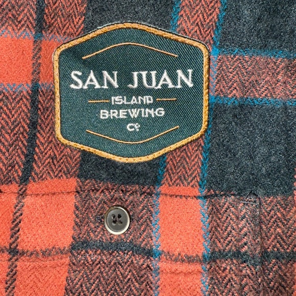 KAVU Plaid Flannel Shirt XS Red Black San Juan Island Brewing Co. Cotton - Picture 3 of 12